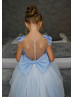 Blue Beaded 3D Flowers Tulle Flower Girl Dress With Glitter Train